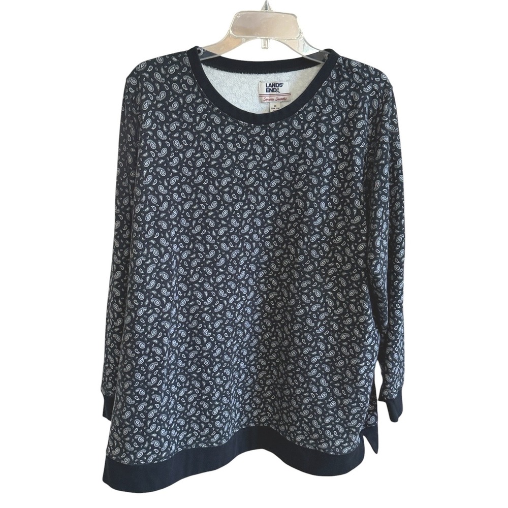 Lands End Sweatshirt Womens 2X Black Paisley Serious Sweats Pullover Crew Neck